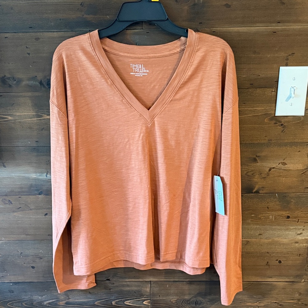 Time and Tru V-Neck Long Sleeve Top in Rust Orange